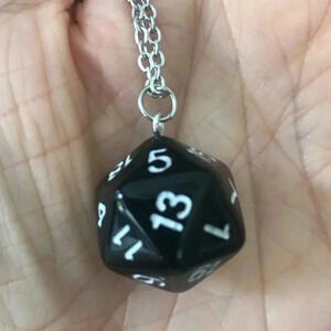 Black 20 Sided Die D&D Dungeons and Dragons Stainless Steel Necklace
